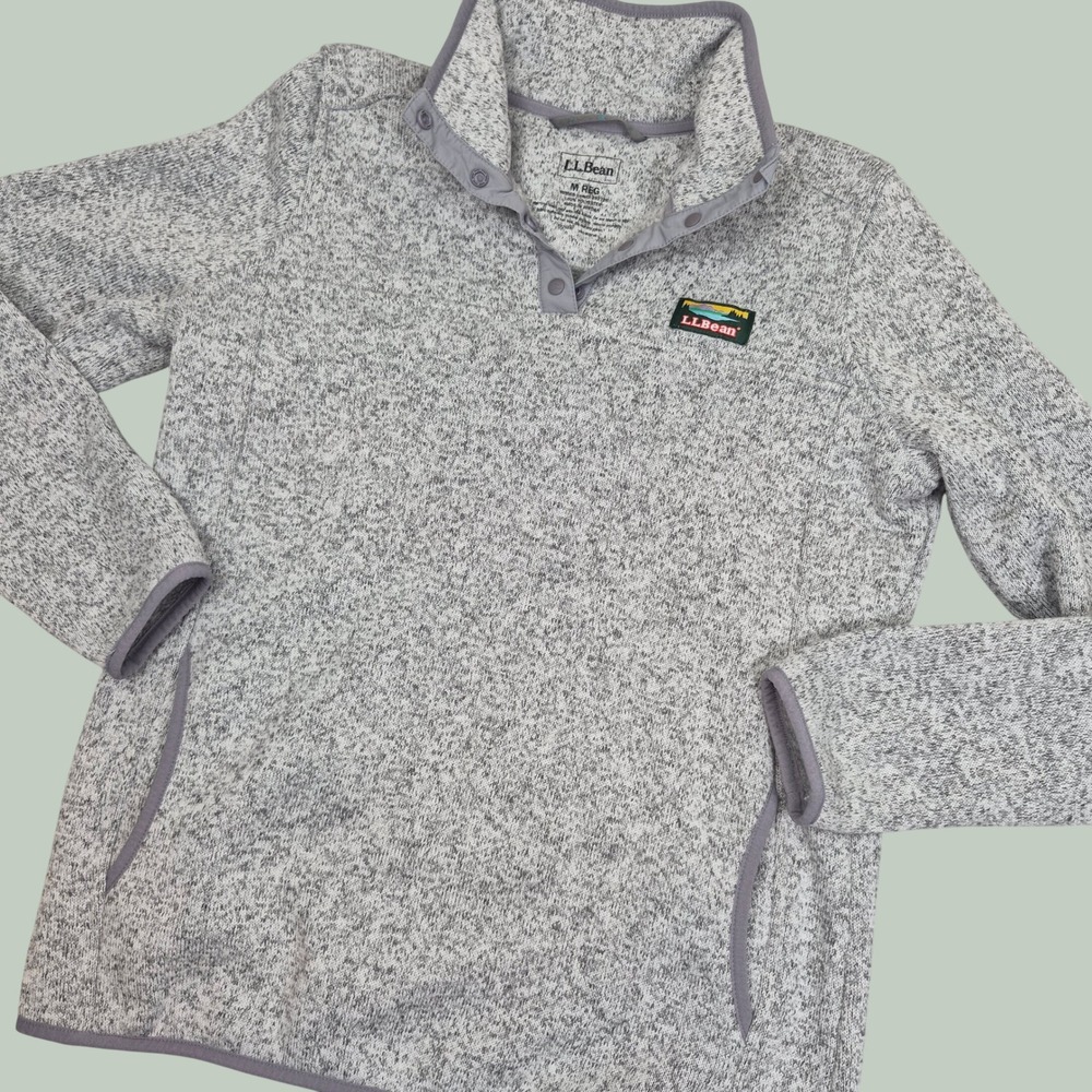 LL Bean Sweater Fleece Pullover Gray Heather Snap Neck Logo M Reg 292726